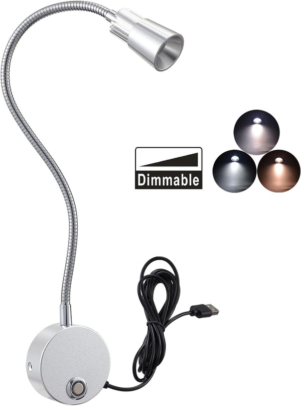 Touch Dimmable 3CCT USB 5V Wall Mounted Bedside Reading Lamp Aluminum Silver