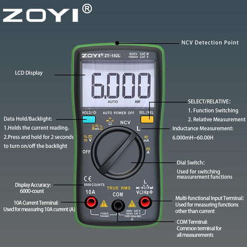 ZT-102L Inductance Meter Multimeter Tester T-RMS 6000 Counts, 60H LCR Meter, AC DC Current Voltage Up to 600A