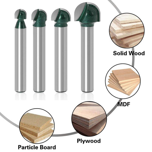 Yakamoz 4Pcs 1/4" Shank Round Nose Router Bit Set for CNC Sign Making and Woodworking Carving