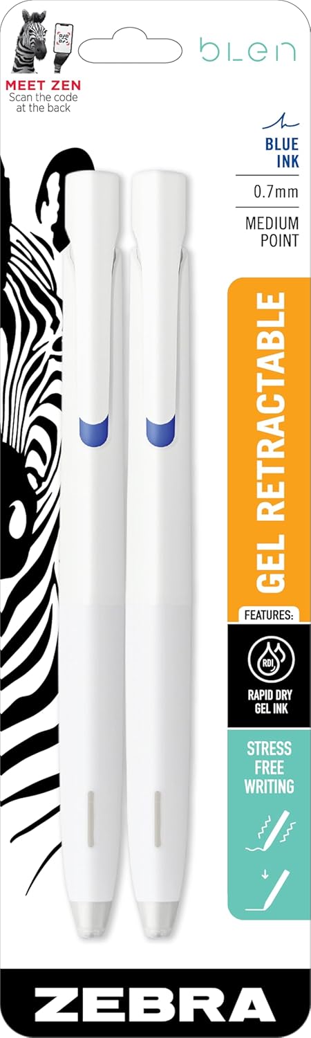 Zebra Pen bLen Retractable Gel Pen, White Barrel, Medium Point, 0.7mm, Blue Ink, 2-Count (41422)