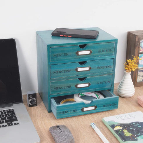 Wooden Storage Box with 4 Drawers, Vintage Office Supplies Organizer, Rustic Jewelry Box (BLUE)