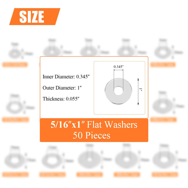 50 Pieces 5/16" Stainless Flat Washers, 1" Outside Diameter, 0.055" Thickness, 304 Stainless Steel