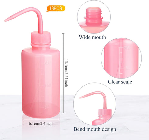18 Pcs Tattoo Wash Bottle Plastic Squeeze Bottle 250 ml Squirt Bottle Bulk Lash Water Bottle with Narrow Mouth Scale Labels Lab Wash Bottles Cleaning Water Tools, Plant Irrigation (Pink) by Zubebe