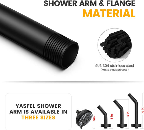 YASFEL Black Shower Arm 6" Extension Arm Pipe with Flange and Teflon Tape for Shower Head & Handheld Shower Head (SUS