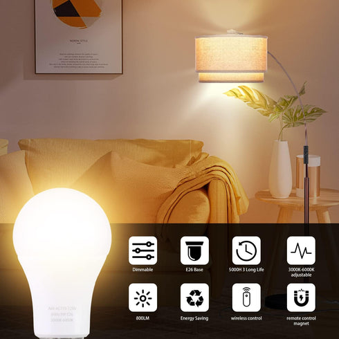 A19 LED Light Bulbs with Remote Control, 1100LM, 12W (80W Equivalent), Stepless Dimmable 3000K-6000K, 2 Bulb & 1 Remote
