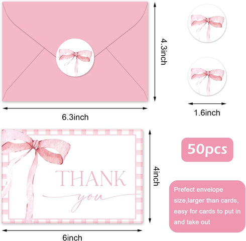 50Pcs JarThenaAMCS Pink Bow Thank You Cards with Envelopes Stickers Greeting Card Watercolor Bow Checkered Blank Note