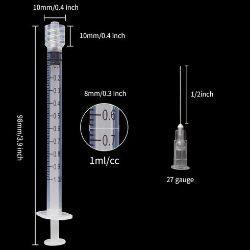 1cc/ml Syringe with 27G 1/2 in Needle Laboratory Tools, Each Individually Wrapped-Pack of 20