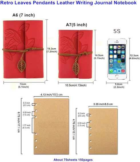 Retro Leaves PU Leather Cover Loose Leaf Blank Writing Journal, Coffee, A7 (5 inch) Diary Gift