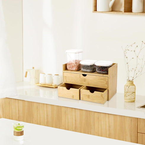 Bamboo Desk Organizer with 3 Drawers, Large Capacity Makeup Storage Box for Home Office and Bathroom