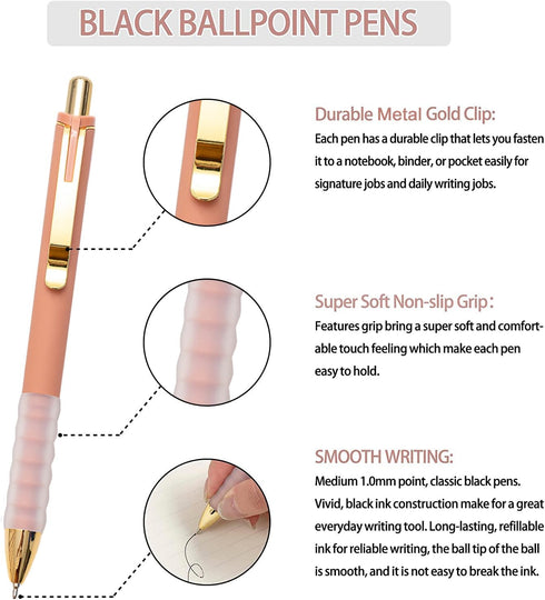 Linbsunne Ballpoint Pens Black Medium Point 1mm Pen with Super Soft Grip Ball Point Pen for Men Women Retractable Pens (gold-12 pcs) by Linbsunne