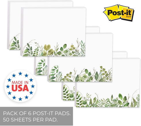 Watercolor Wild Greenery Sticky Note Pads / 4" x 3" Botanical Sticky Notes/Set of 6 Pads / 50 Sheets Per Pad/Three Unique Designs/Made in The USA
