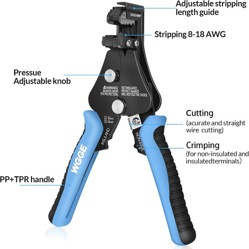 WGGE Automatic Heavy Duty Wire Stripper/Wire Cutter, 3 IN 1 Adjustable Wire Stripper Tool for 8-18 AWG Solid and Stranded Electrical Wire | 10-22 AWG Wire Crimping Tool by WGGE