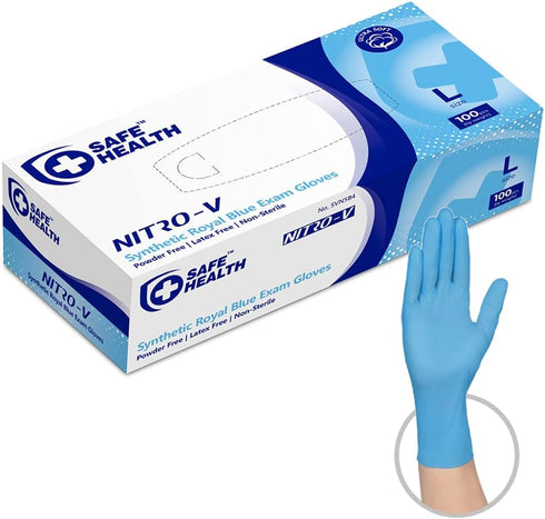 Safe Health NITRO-V Nitrile-Vinyl Synthetic Exam Disposable Gloves, Latex Free, Powder Free, Blue, Box of 100