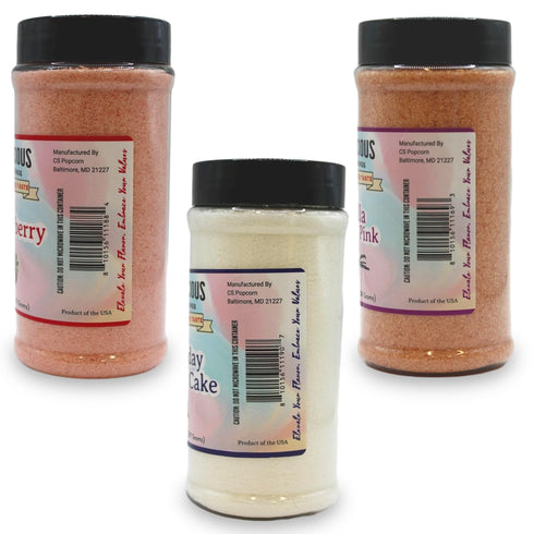 3-Pack 14 oz Sweet Flavors - Birthday Cake, Strawberry, and Pink Vanilla Flavored Flossugar | Bundle | Containers |
