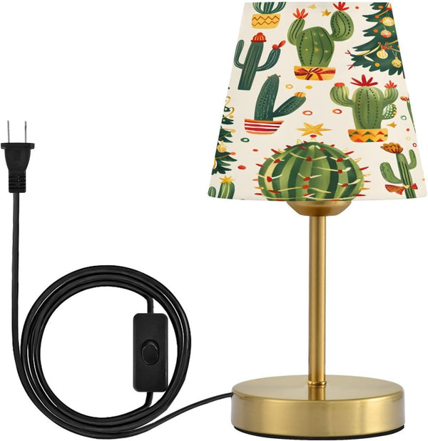 Small Table Lamp Christmas Cactus Trees Pattern Bedside Lamps with Fabric Shade,