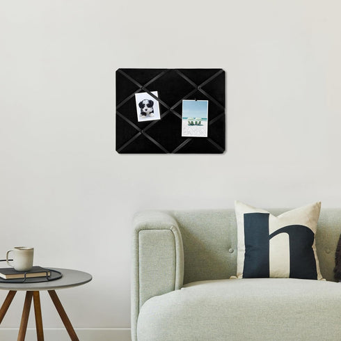 Black Velvet Fabric Memo Bulletin Board, 17x13 inches Criss-Cross Ribbons for Home Office School Wall Decor