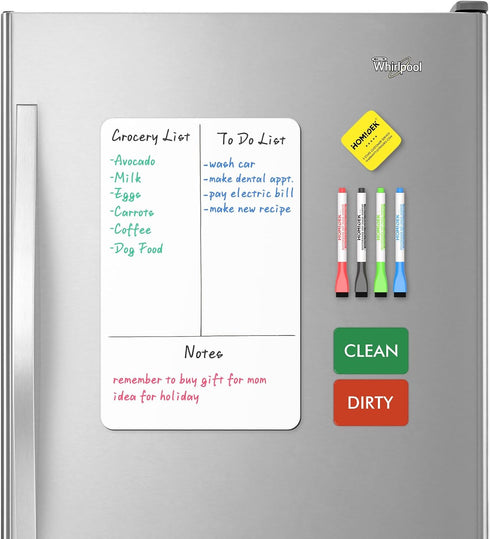 HOMiDEK Magnetic Whiteboard Fridge Dry Erase Board, Small 12" x 8" with Clean Dirty Magnet, 4 Markers, 1 Eraser
