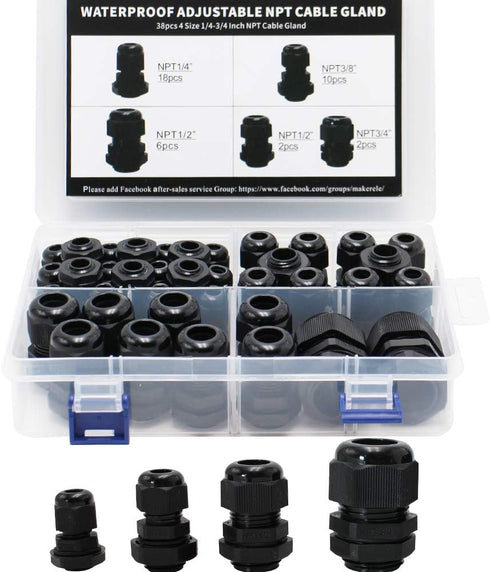 MAKERELE Waterproof NPT Cable Glands Kit, Adjustable Nylon 38pcs Black Strain Relief Cord Connectors with Gaskets 1/4