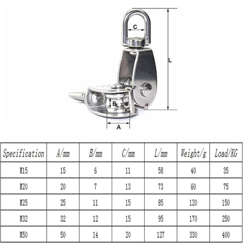 YAMASO 2Pcs 304 Stainless Steel M25 Silver Single Pulley Block - Wire Rope Hanging Towing Wheel