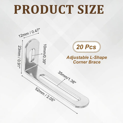 20Pcs 0.9" 2" 0.5" 90 uxcell Adjustable L-Shape Corner Brace, x x Metal Slotted Degree Right Angle Corner Shelf Bracket