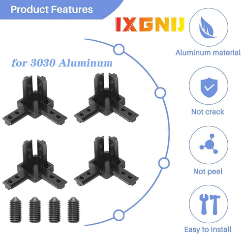 4Set 3030 Solid Connector 3-Way End Corner Bracket with M6x8mm Screws for Black Aluminum Extrusion Accessories