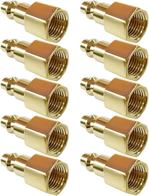 10PCS 1/4 Inch NPT Female Industrial Air Hose Quick Connect Plug, Brass Finish Pneumatic Coupler Fitting Adapter