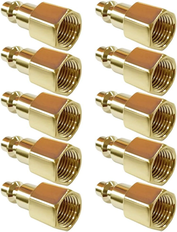 10PCS 1/4 Inch NPT Female Industrial Air Hose Quick Connect Plug, Brass Finish Pneumatic Coupler Fitting Adapter