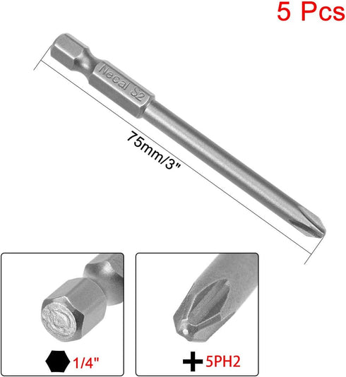 uxcell 5 Pcs 5mm PH2 Magnetic Phillips Screwdriver Bits, 1/4 Inch Hex Shank, 3-inch Length S2 Power Tool