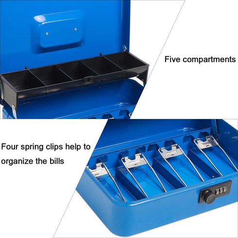 Durable Metal Cash Box with Key Lock, Money Tray, Security Locker with Cable, Blue