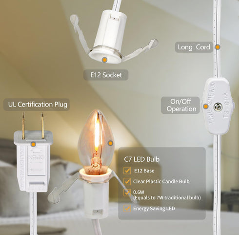 4 Pack Accessory Cord with LED Night Light Bulbs - White Cord with On/Off Switch Plugs - C7 led Bulb Warm White with Spare Fuse for Holiday Decoration and Craft Village House Decoration by MEILUX