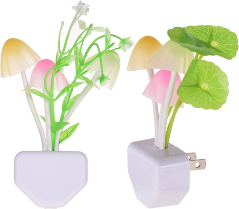 Warmstor 2 Pack Mushroom Night Light Plug-in, Lotus Leaves/Water-Weeds Mushrooms Colors Changing Nightlight