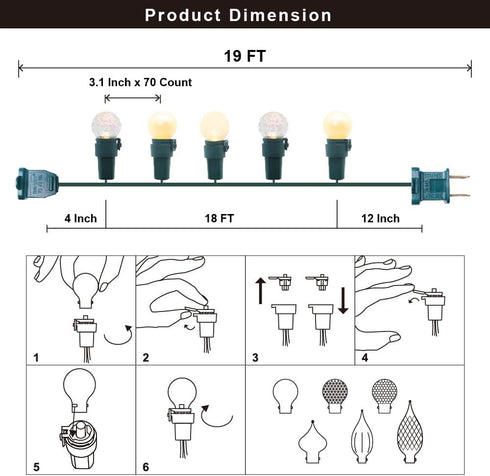70 G15 Christmas Lights Warm White LED Glass Blubs Globe String Light Plug in ETL Certified Outdoor Indoor String Light