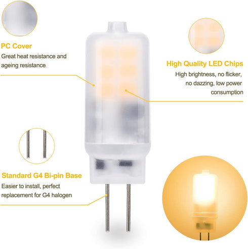 YUIIP G4 LED Light Bulb 2W AC/DC 12V Warm White 2700K Bi-Pin Base Lamp for Landscape Chandelier Lighting, Pack of 10
