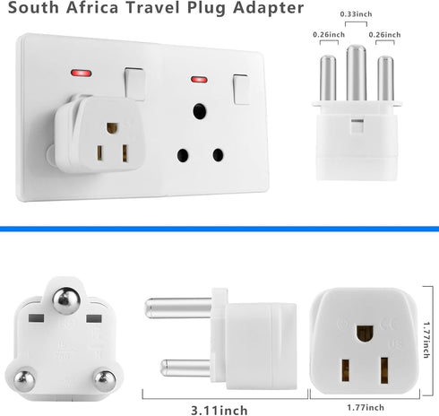 South Africa Travel Plug Adapter, 3 Prong Safe Grounded USA to Type M for Botswana, Nepal, Pakistan, Namibia, White
