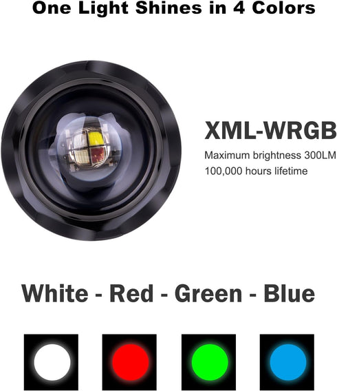4 1 LUMENSHOOTER Upgraded Zoomable Red Flashlight, Color in Flash Light, Green Red Blue White Multi-Color RGBW Led