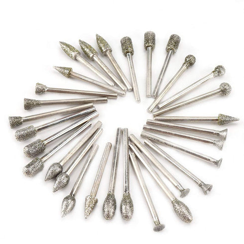 30Pcs Diamond Grinding Burr Drill Bit Set, Stone Carving Rotary Tool Accessories Polishing Mix with 1/8 inch Shank,