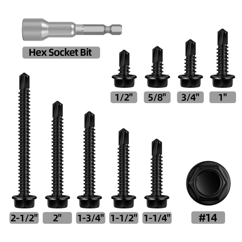 #14 x 1" Sheet Metal Screws, 80 PCS Black Hex Washer Head Self-Drilling Screws, 410 Stainless Steel with Hex Bit