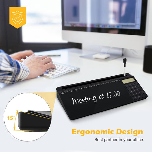Desktop Glass Whiteboard with Calculator, Black Dry Erase Board Surface, Desk Organizers with Accessories