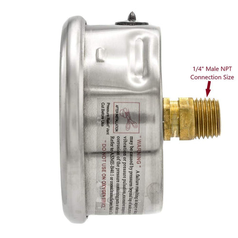 PIC Gauges PRO-202L-254C Industrial Pressure Gauge, Center Back Mount, 2.5" Dial, 0/30 psi Range, 1/4" Male NPT