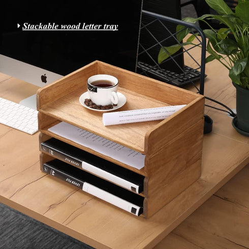 Wood Stackable Paper Trays for Office Supplies - 2 Set Wooden Desktop File Folder Holder Tray for Letter Document