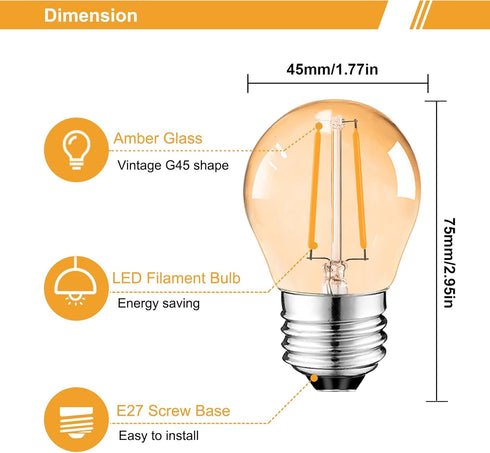 Suncan G14 2W Bulb E26, G45 Bulb, 15 2200k, 150lm, Dimmable, 6 Pack Low Wattage Led Amber Edison Mini Light Equivalent