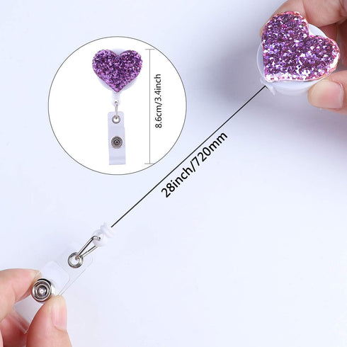 Soleebee 28'' Retractable Badge Reel - Glitter Love Heart Nurse ID/Name Badge Holder with Belt Clip (Purple)