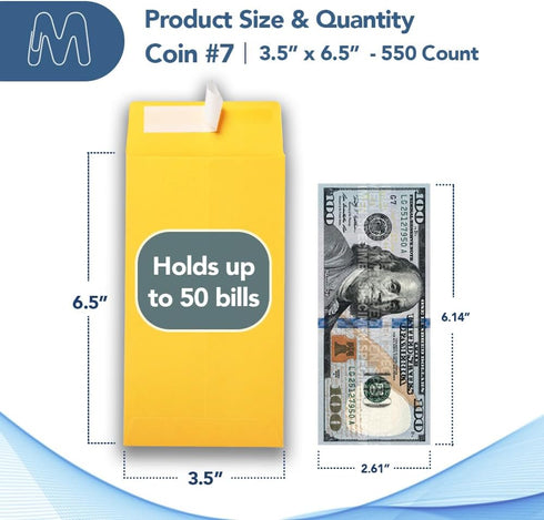 MOS #7 Coin Envelopes - 3-1/2" x 6-1/2" Gold Self-Seal Coin Envelopes #7 (550 Count) for Budgeting and Savings