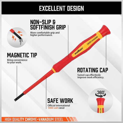 HORUSDY 1000V Mini Insulated Screwdriver Set, 6-Piece Magnetic Tip Slotted (1.8mm, 2.0mm, 2.5mm, 3.0mm) & Phillips