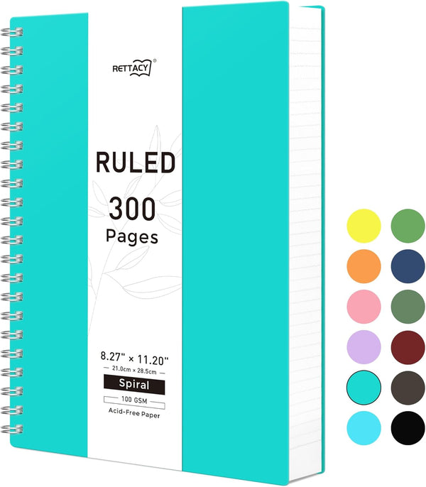 RETTACY Spiral Notebook, A4 College Ruled Notebook with 300 Pages, 100 GSM Premium Acid-Free Paper, Twin-Wire Binding,