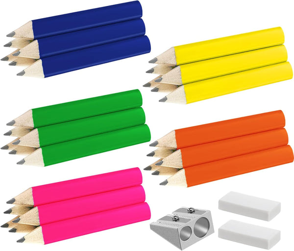 Qilery 30 Pcs Neon Color Short Triangular Fat Pencils 3.5 Inch with Sharpener & 2 Erasers - Jumbo Pencils for Kids