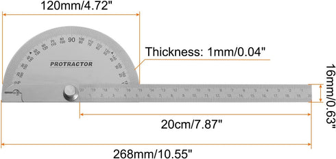 Stainless Steel Angle Protractor 0-180 Degrees Measuring Ruler with 20cm/7.87" Round Head for Woodworking