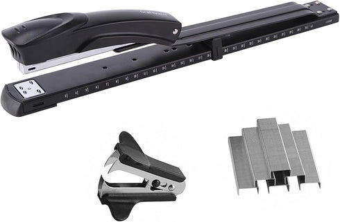 Long Reach Stapler, 2000 Staples & Stapler Remover, Full Strip, 20-25 Sheet Capacity, Black with Built-in Ruler