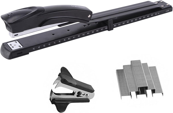 Long Reach Stapler, 2000 Staples & Stapler Remover, Full Strip, 20-25 Sheet Capacity, Black with Built-in Ruler