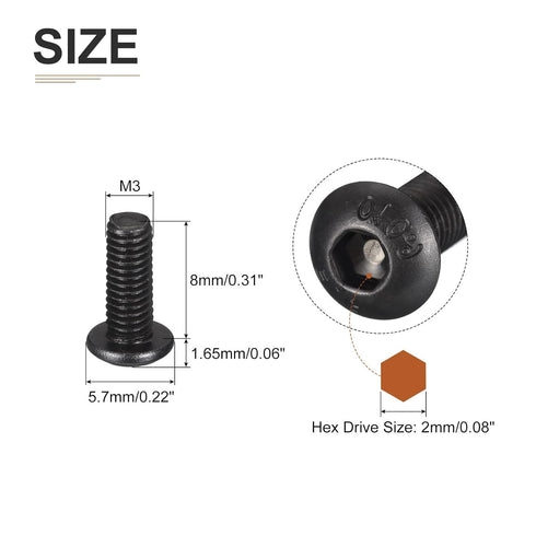 M3-0.5x8mm Button Head Socket Cap Screws - 50Pack - Good for Machine - Carbon Steel Black Oxide - Hex Drive Full Thread Fasteners